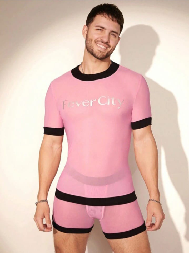 Feline Fever-City Mesh Summer Sexy Latter Print Color Blocked Sheer Mesh Short Sleeve T-Shirt & Short Slim Fit Sleepwear Set